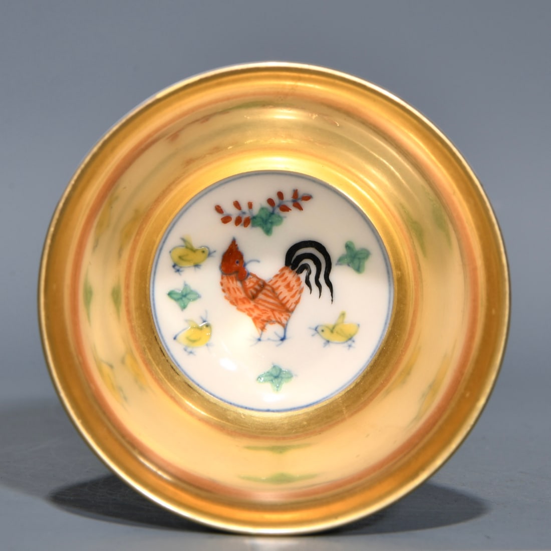 A Pair Chinese Gilt Gold Doucai Rooster Porcelain Cup - 5