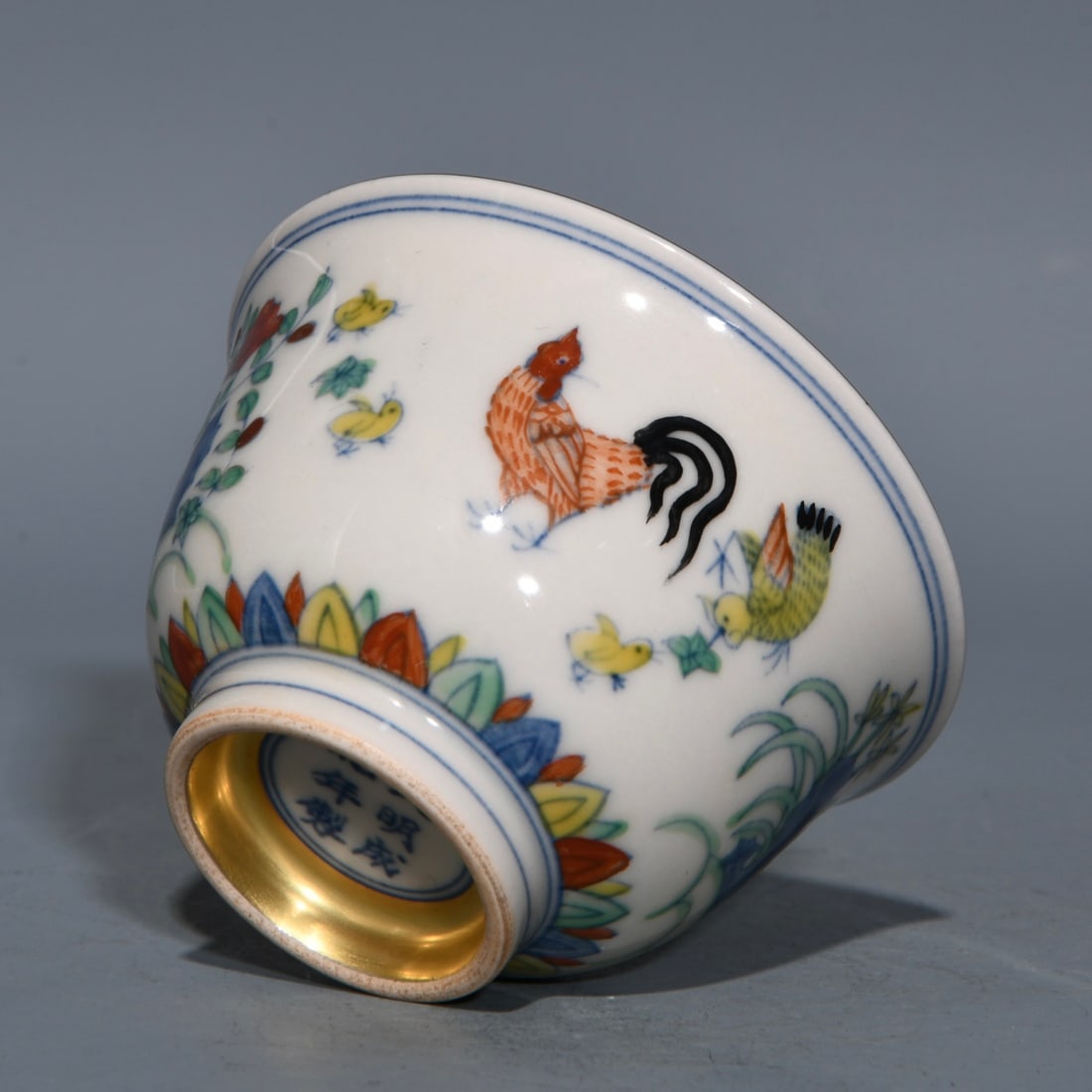 A Pair Chinese Gilt Gold Doucai Rooster Porcelain Cup - 6