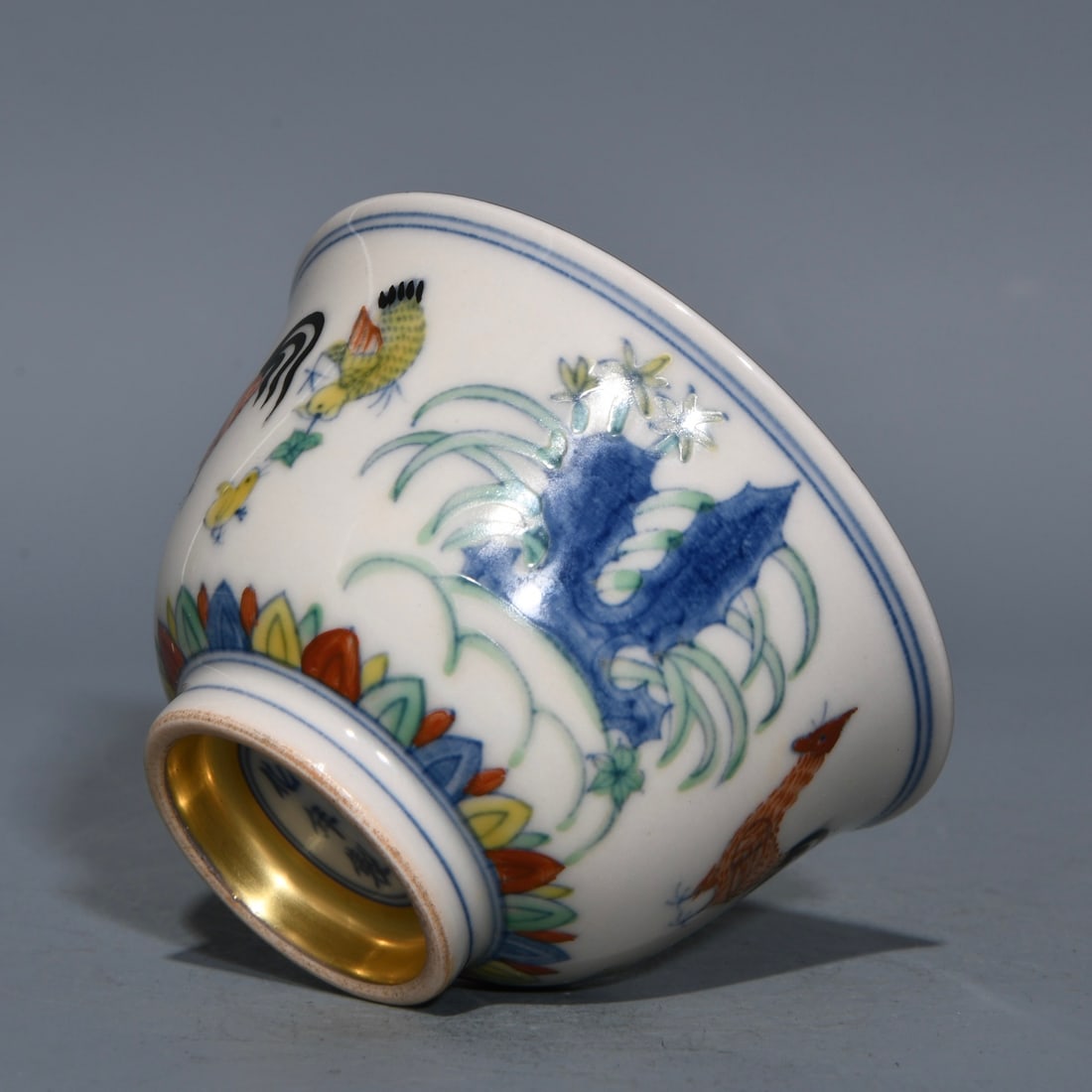 A Pair Chinese Gilt Gold Doucai Rooster Porcelain Cup - 7
