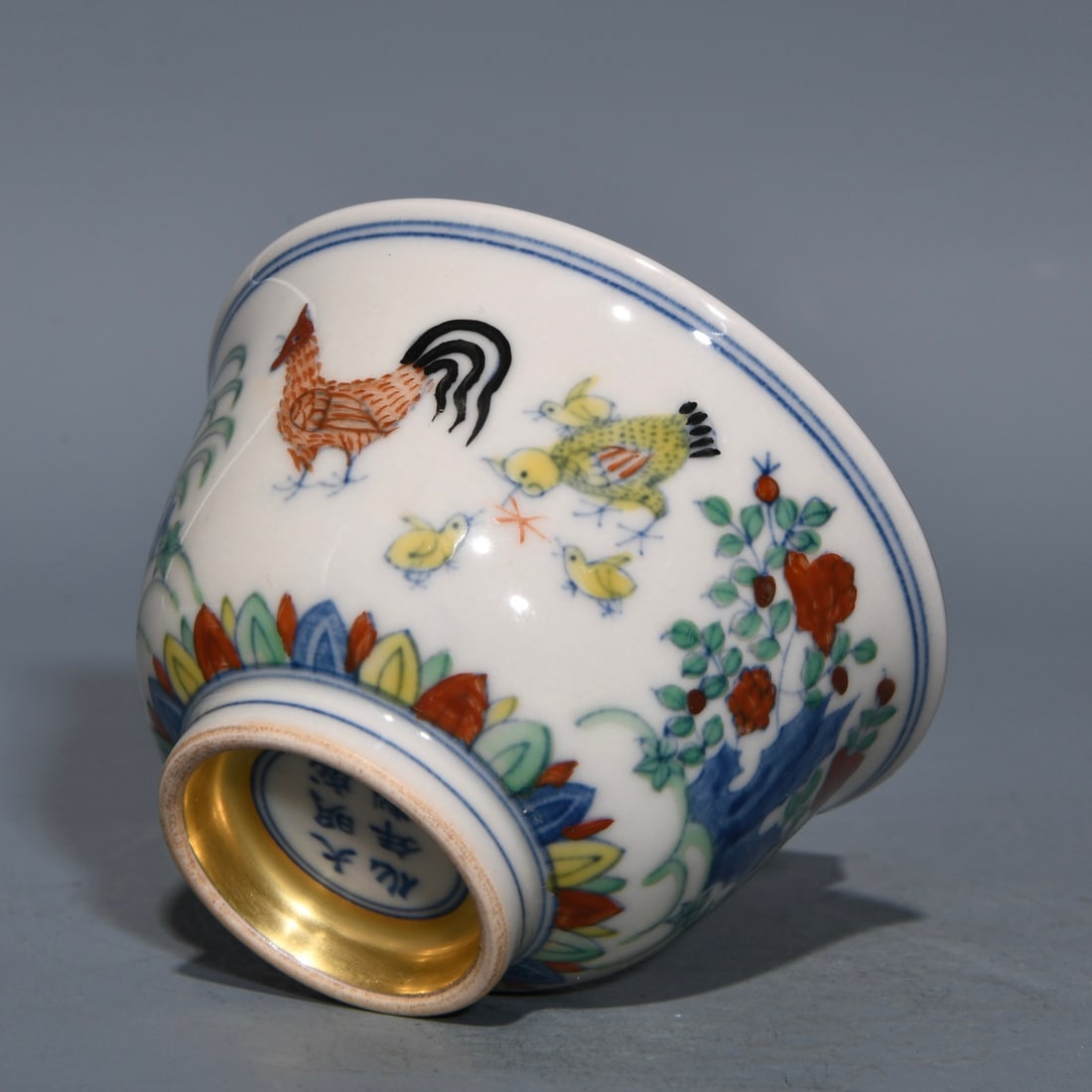 A Pair Chinese Gilt Gold Doucai Rooster Porcelain Cup - 8