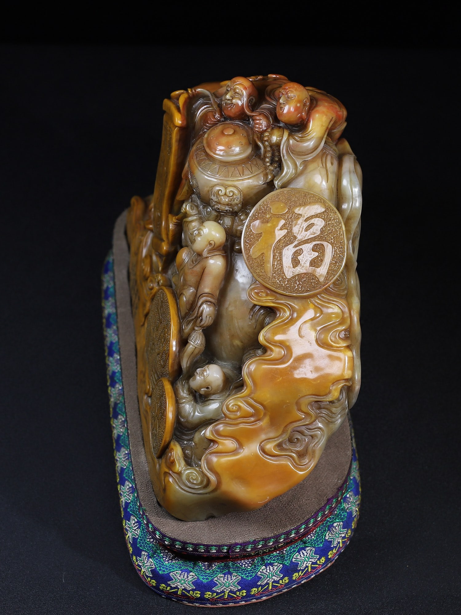 Old Chinese Shoushan Stone Hand Carved Elephant & Arhat Seal Staue - 7