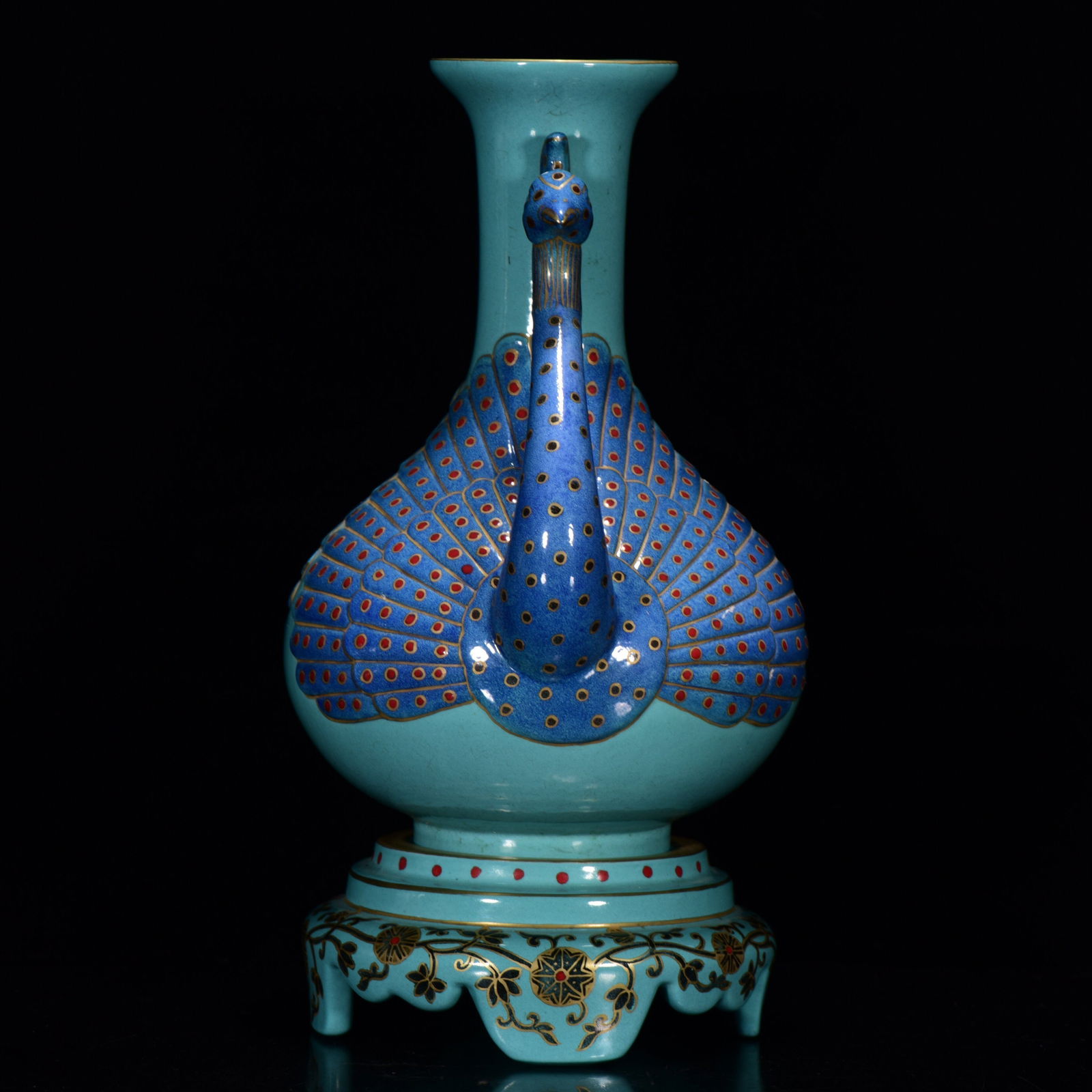 Chinese Gilt Gold Turquoise Glaze Porcelain Peacock Vase - 2
