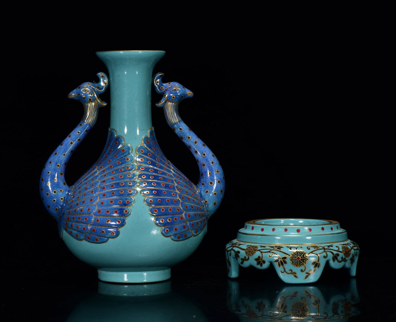 Chinese Gilt Gold Turquoise Glaze Porcelain Peacock Vase - 3