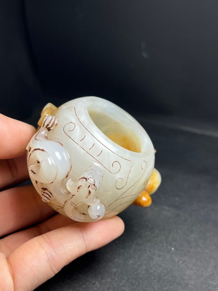 Old Chinese Hetian Jade Chi Dragon Brush Washer - 8