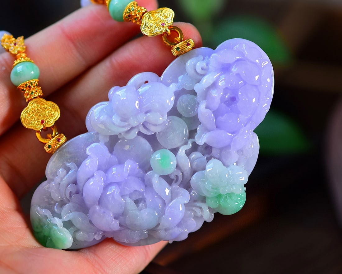 Hand-Carved Purple Green Jadeite Flower & Butterfly Pendant with Certificate - 2