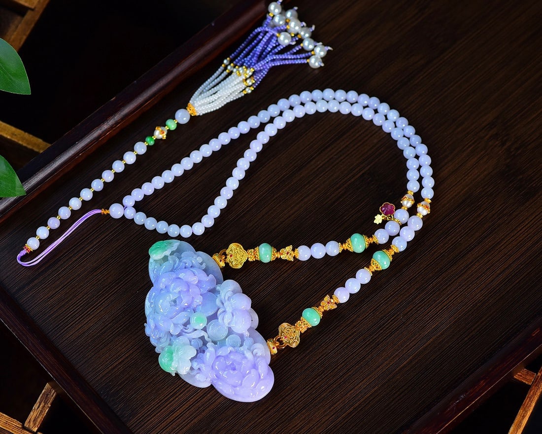 Hand-Carved Purple Green Jadeite Flower & Butterfly Pendant with Certificate - 4