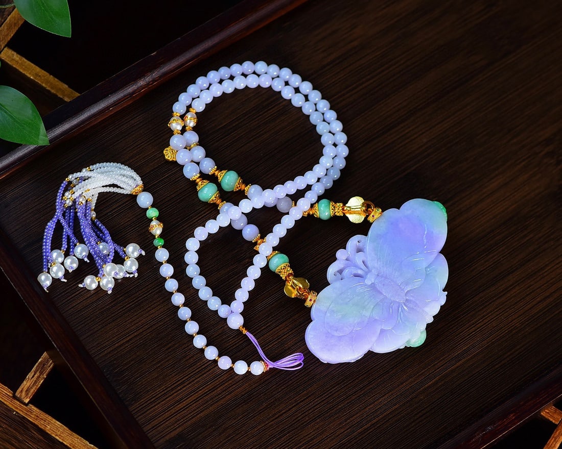 Hand-Carved Purple Green Jadeite Flower & Butterfly Pendant with Certificate - 5