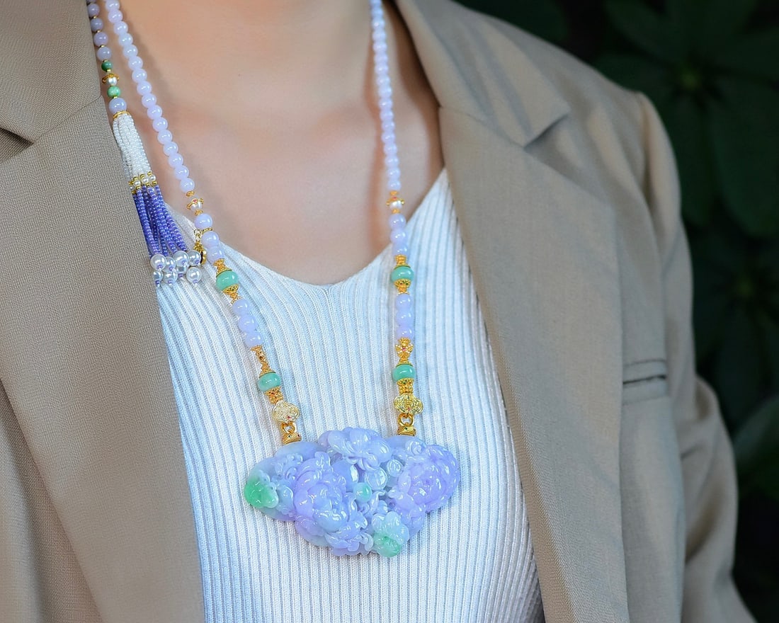 Hand-Carved Purple Green Jadeite Flower & Butterfly Pendant with Certificate - 6