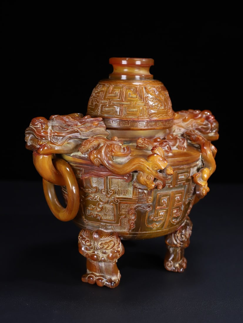 Old Ox Horn Hand Carved Chi Dragon Incense Burner - 3