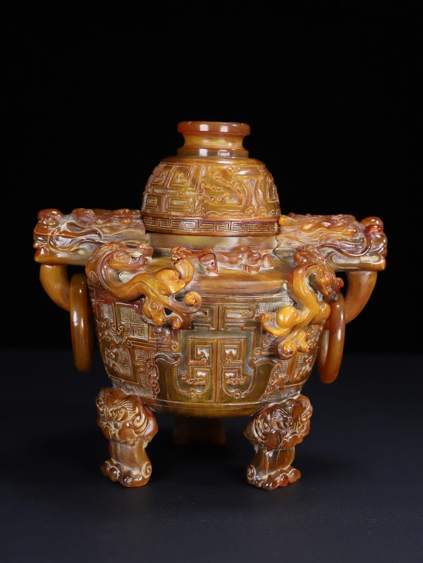 Old Ox Horn Hand Carved Chi Dragon Incense Burner - 4