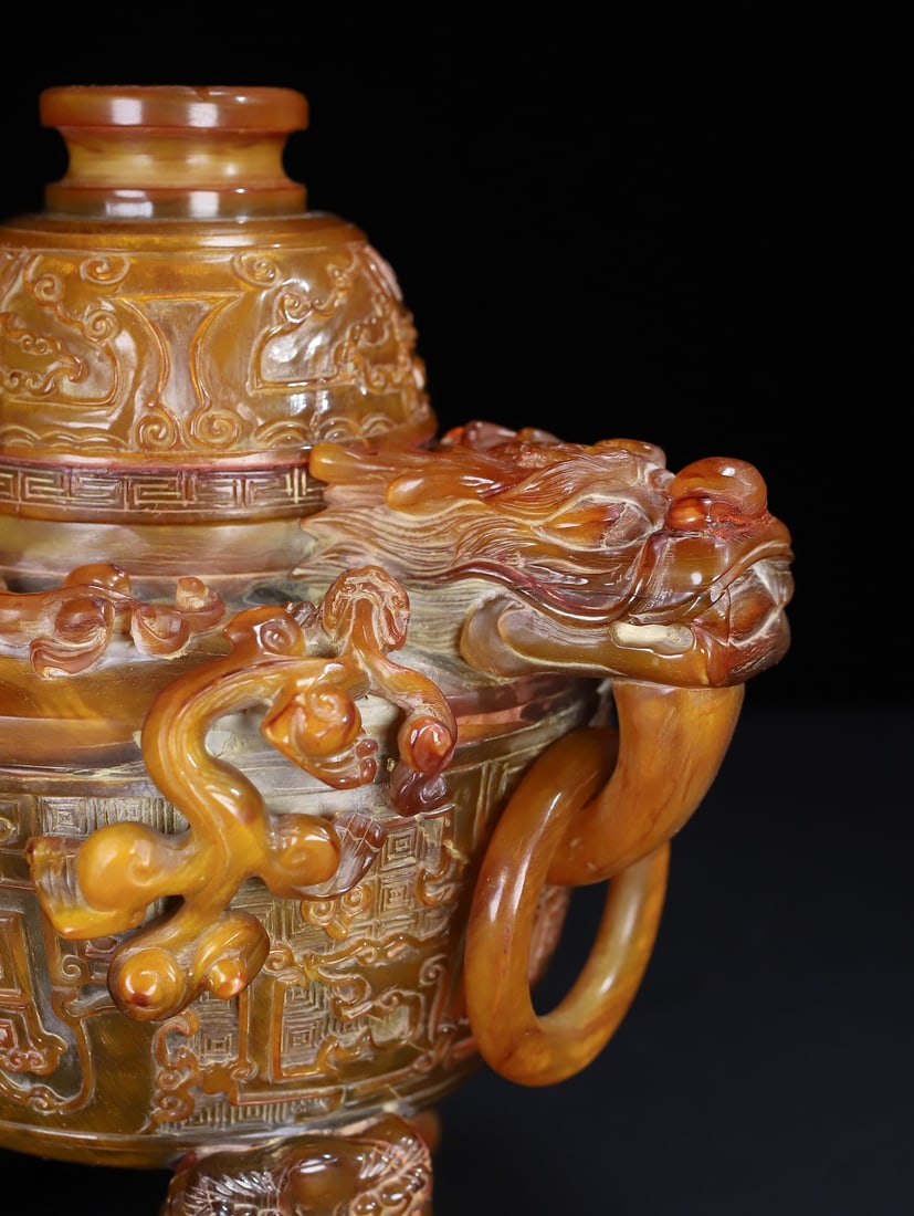 Old Ox Horn Hand Carved Chi Dragon Incense Burner - 6