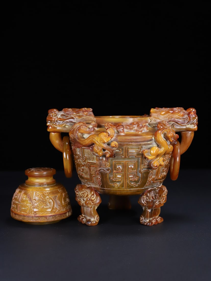 Old Ox Horn Hand Carved Chi Dragon Incense Burner - 7