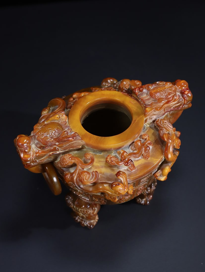 Old Ox Horn Hand Carved Chi Dragon Incense Burner - 8