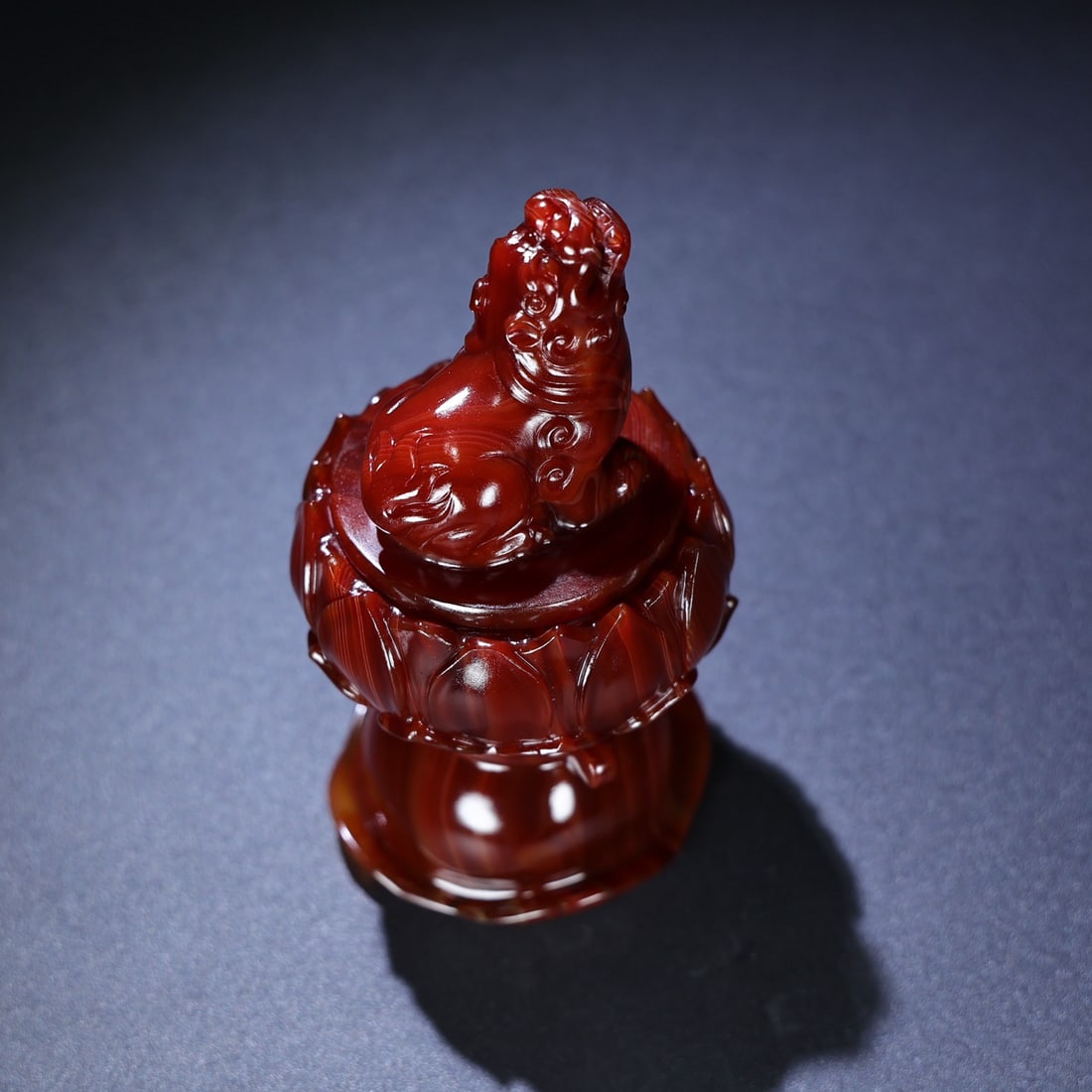 Chinese Red Agate Hand Carved Lotus Lion Incense Burner - 2