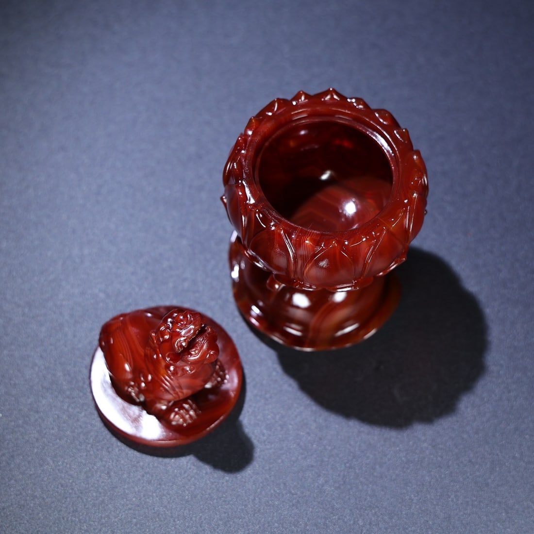 Chinese Red Agate Hand Carved Lotus Lion Incense Burner - 3