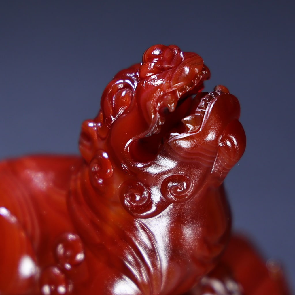 Chinese Red Agate Hand Carved Lotus Lion Incense Burner - 4