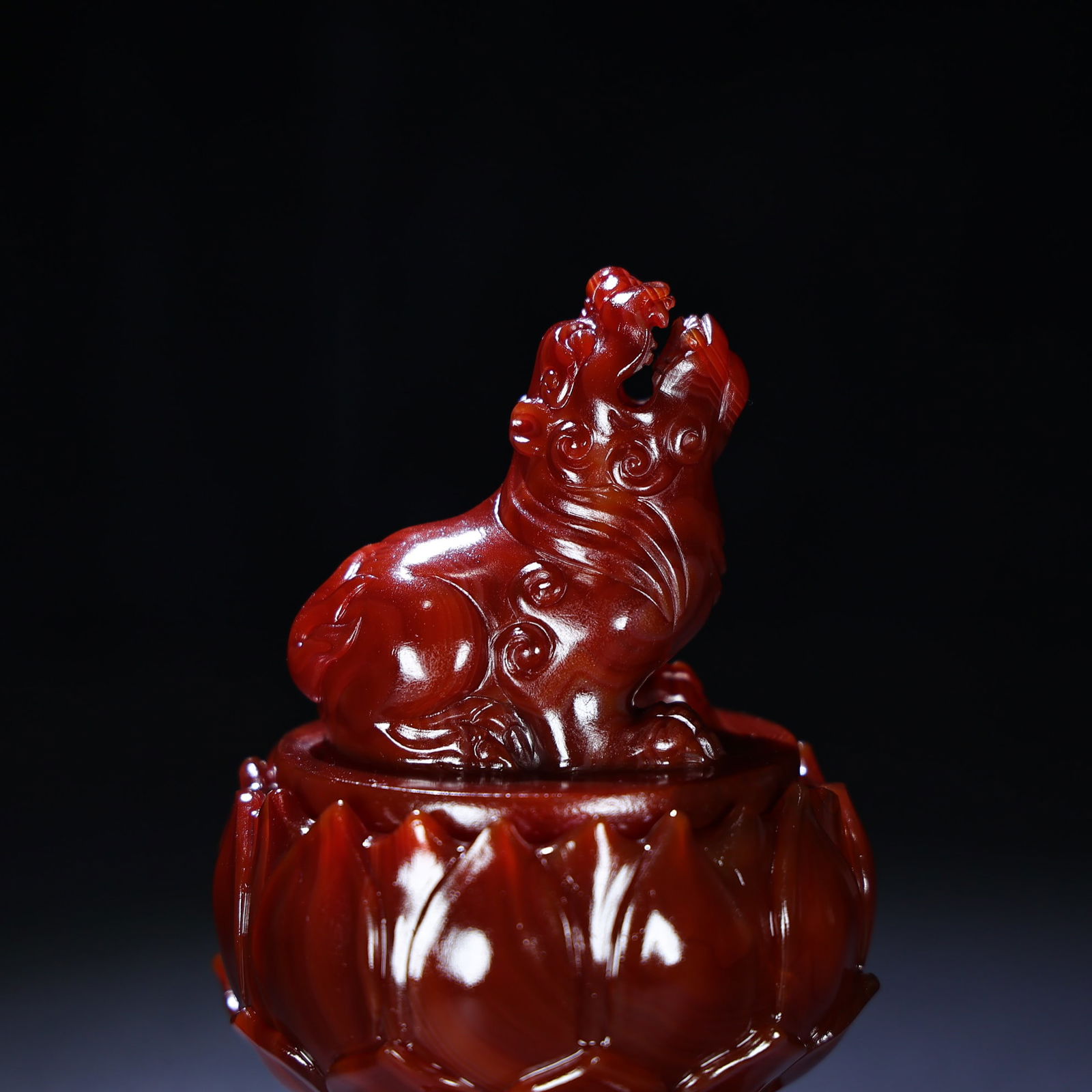 Chinese Red Agate Hand Carved Lotus Lion Incense Burner - 5