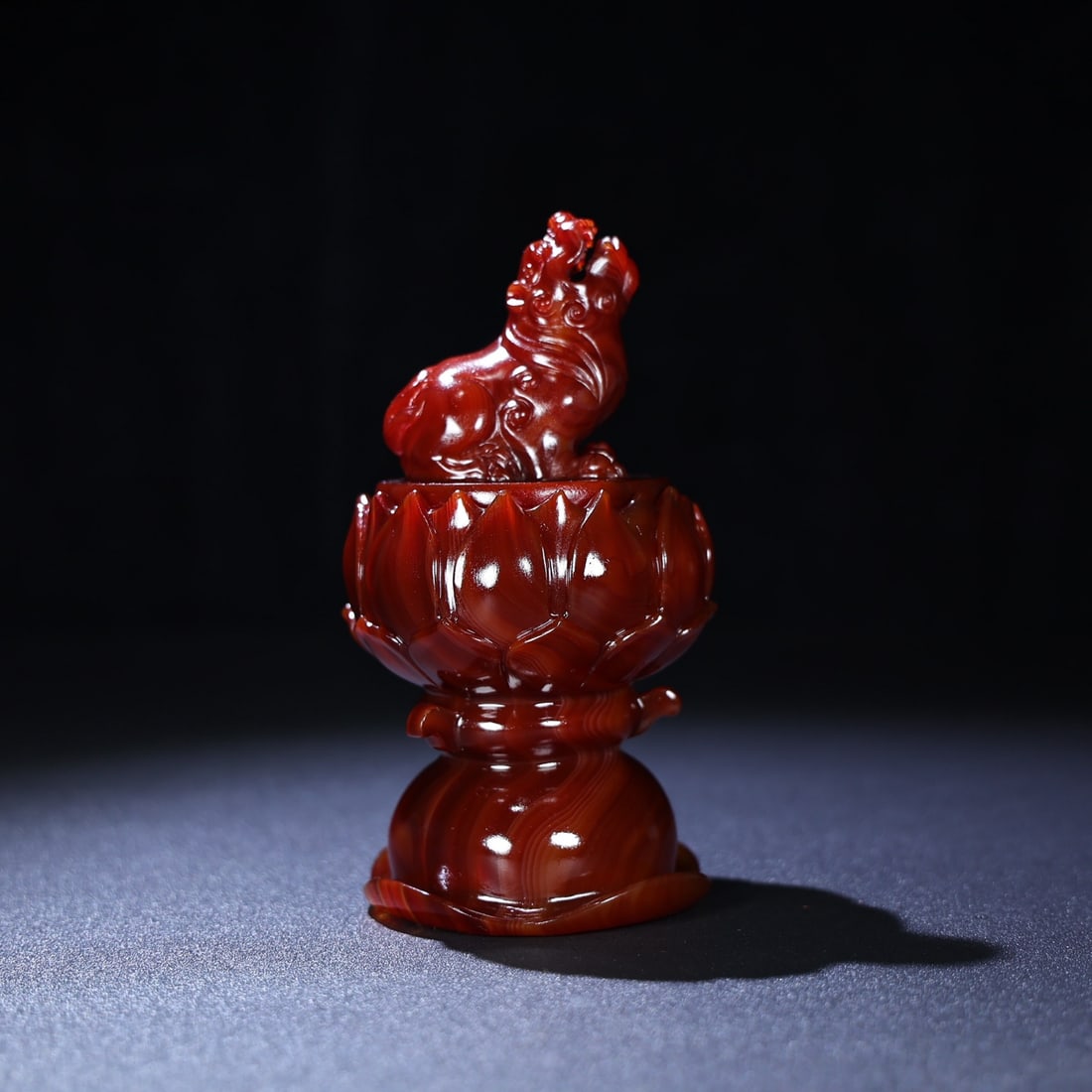 Chinese Red Agate Hand Carved Lotus Lion Incense Burner - 6