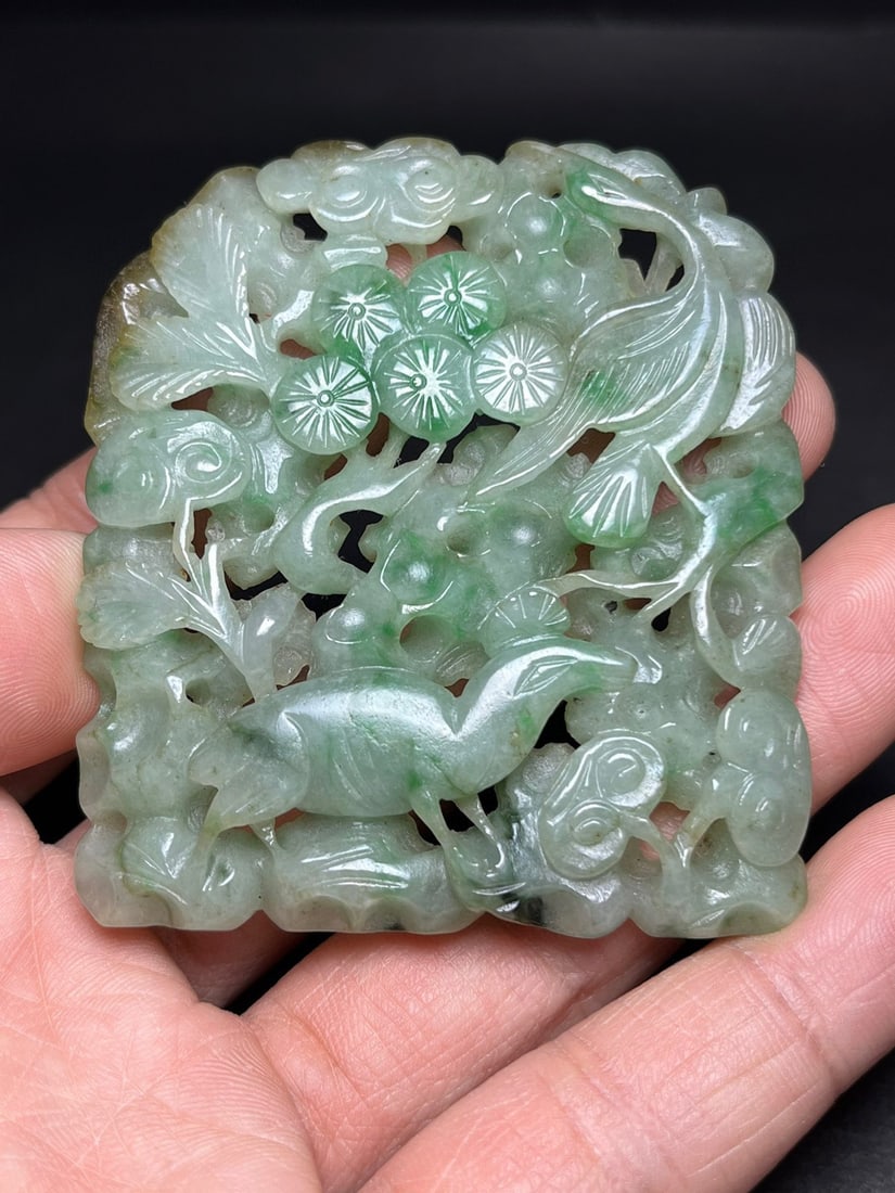 Openwork Natural Green Jadeite Pendant - 8