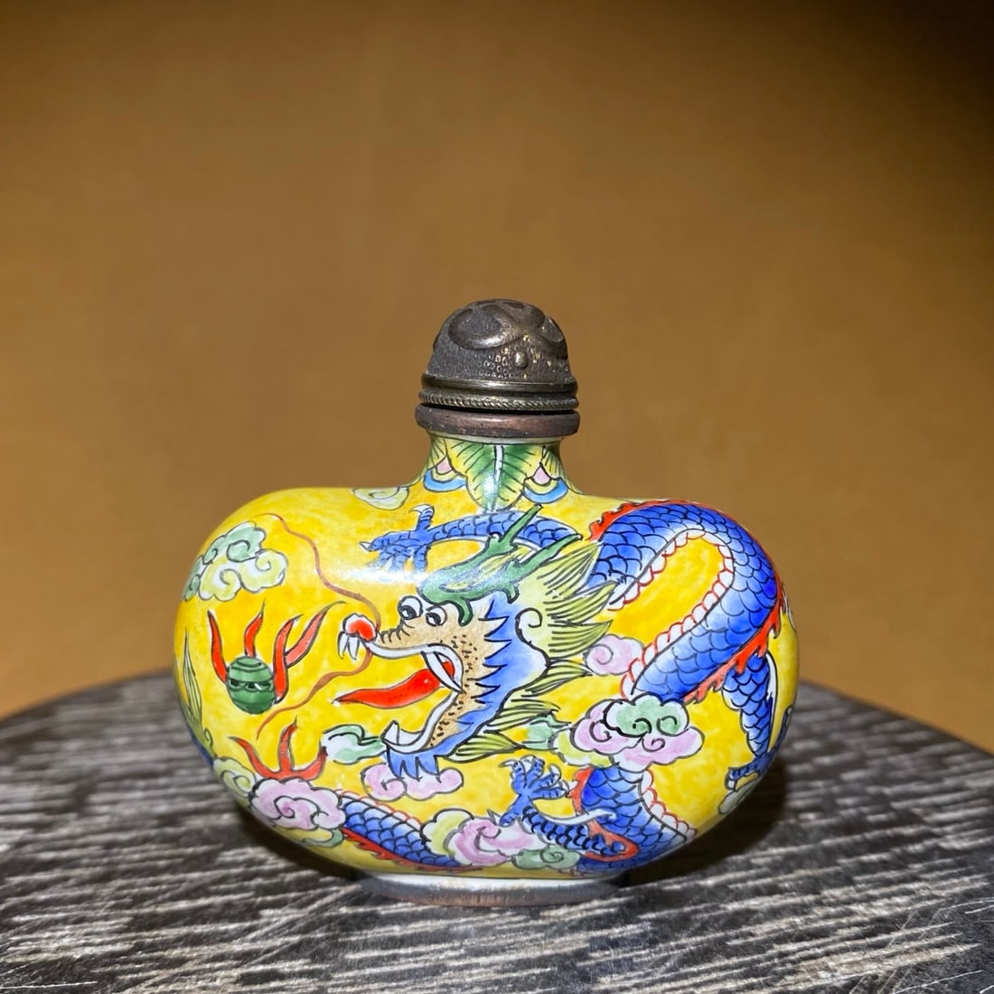 Old Chinese Copper Enamel Dragon Snuff Bottle (1 of 9)