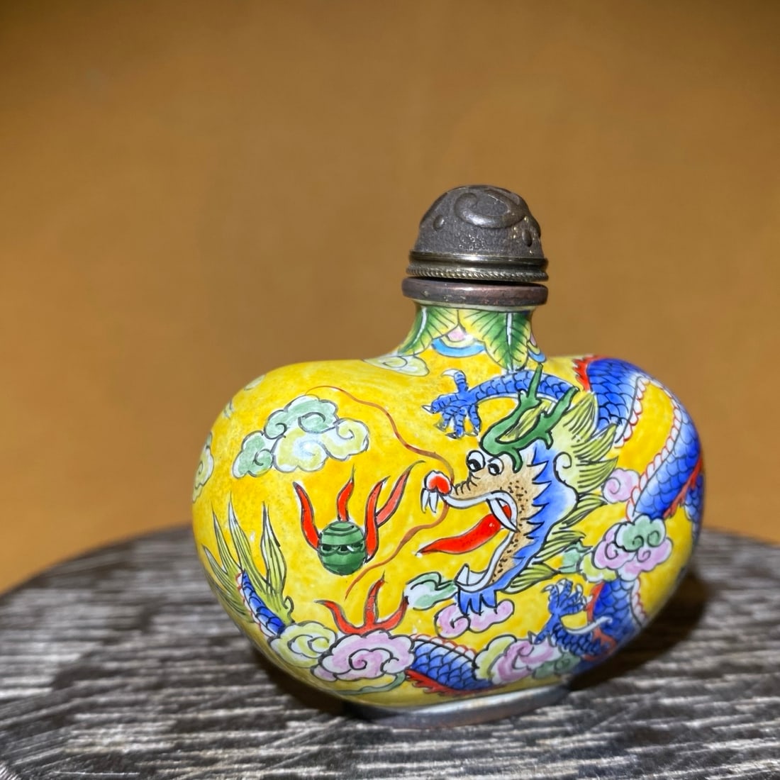 Old Chinese Copper Enamel Dragon Snuff Bottle - 2