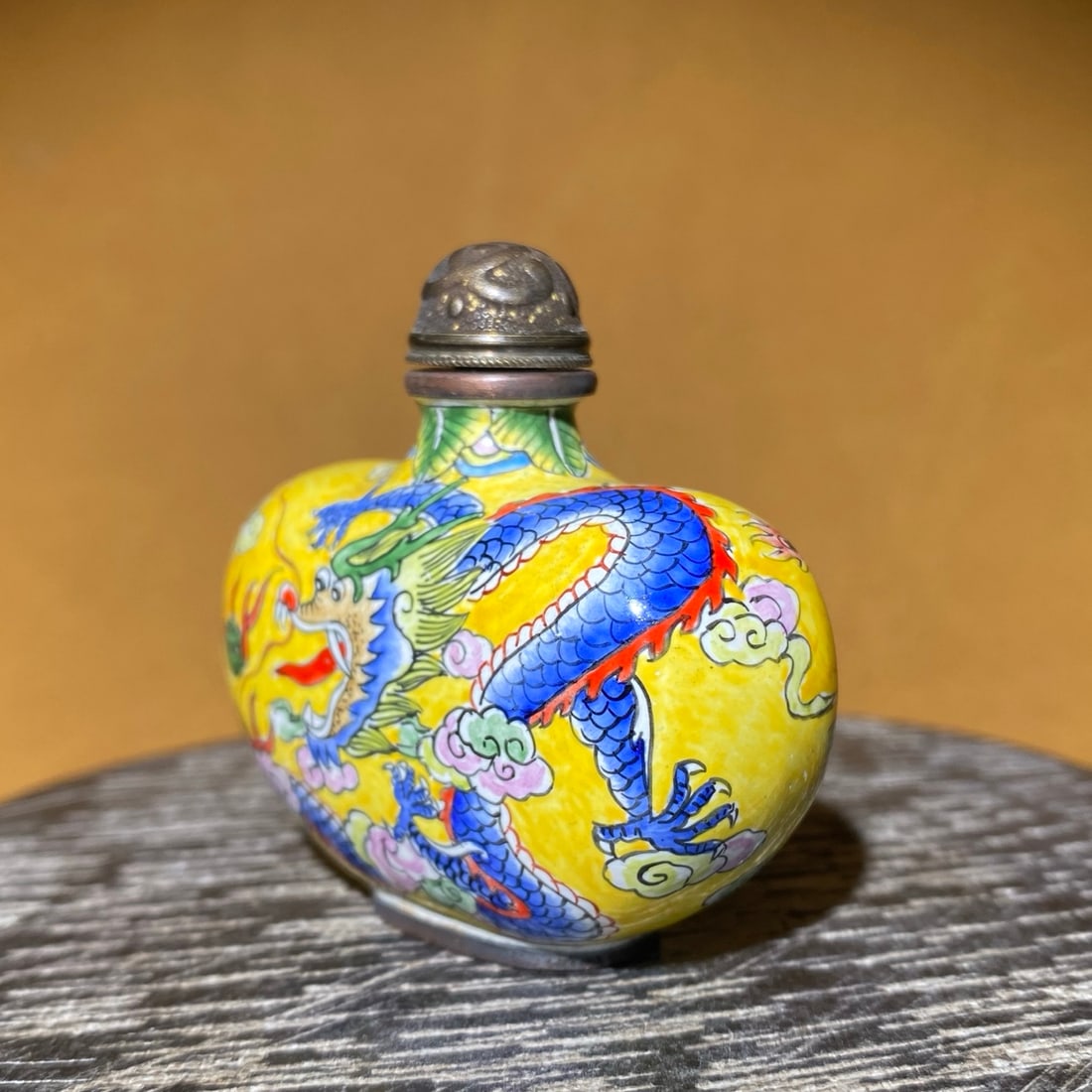 Old Chinese Copper Enamel Dragon Snuff Bottle - 3
