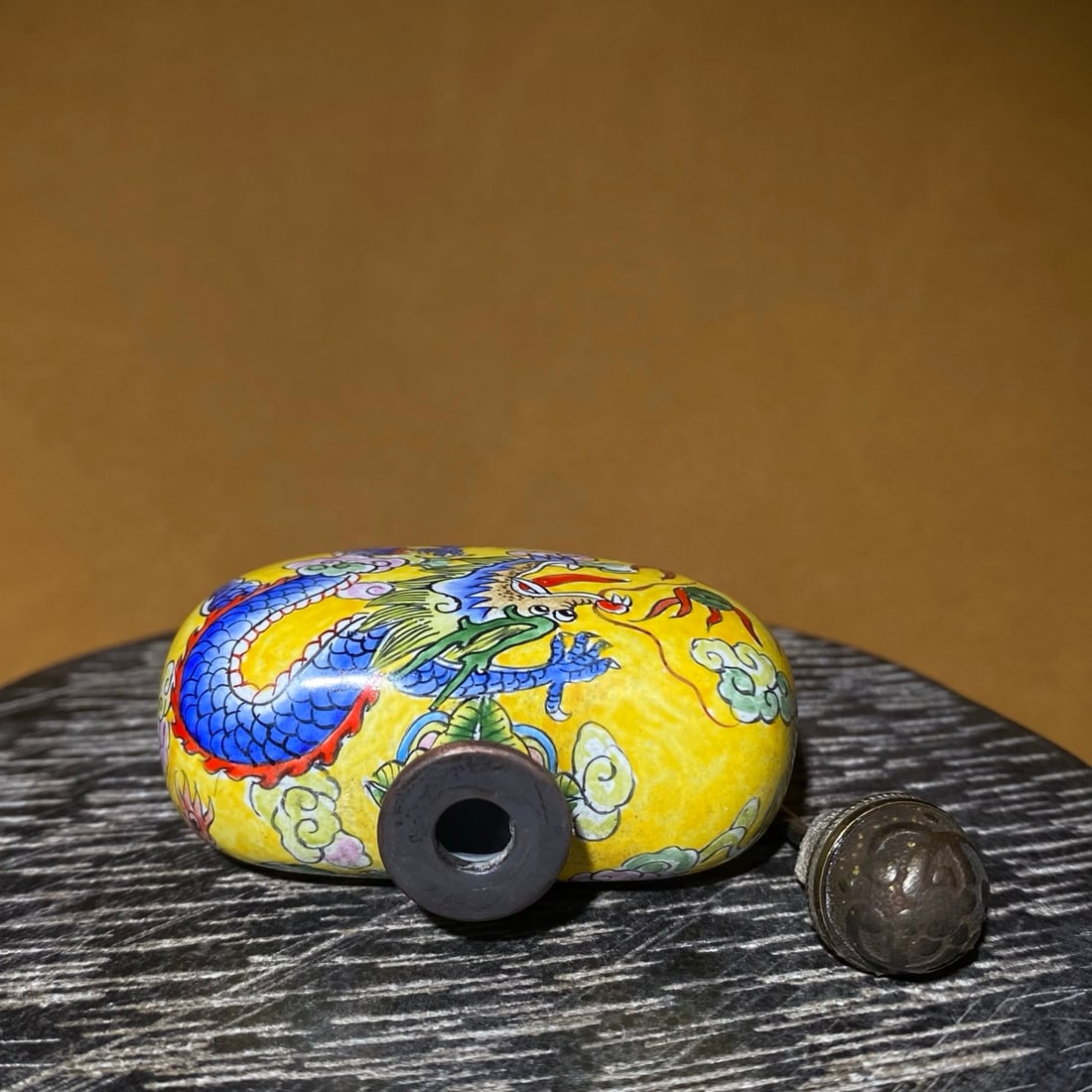 Old Chinese Copper Enamel Dragon Snuff Bottle - 8