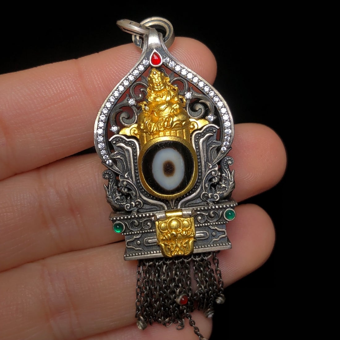 Beautiful 925 Silver Inlay DZI Agate Yellow Jambhala Pendant - 7