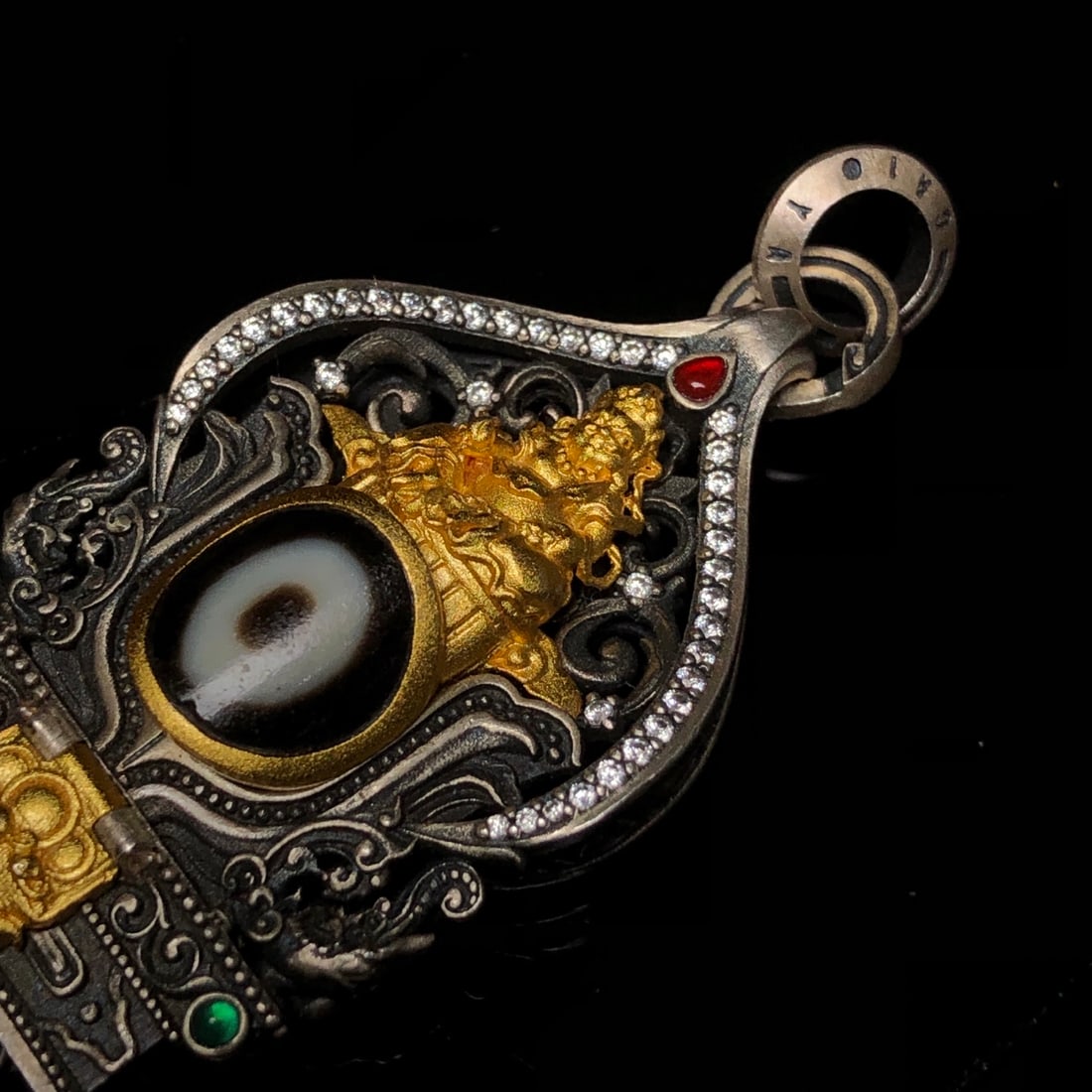 Beautiful 925 Silver Inlay DZI Agate Yellow Jambhala Pendant - 8