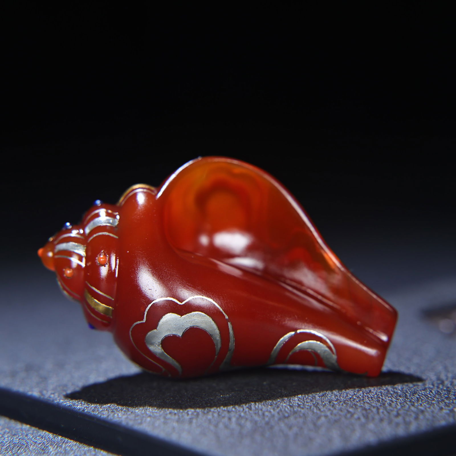Chinese Silver Plated Gilt Gold Red Agate Carved Conch Statue - 3
