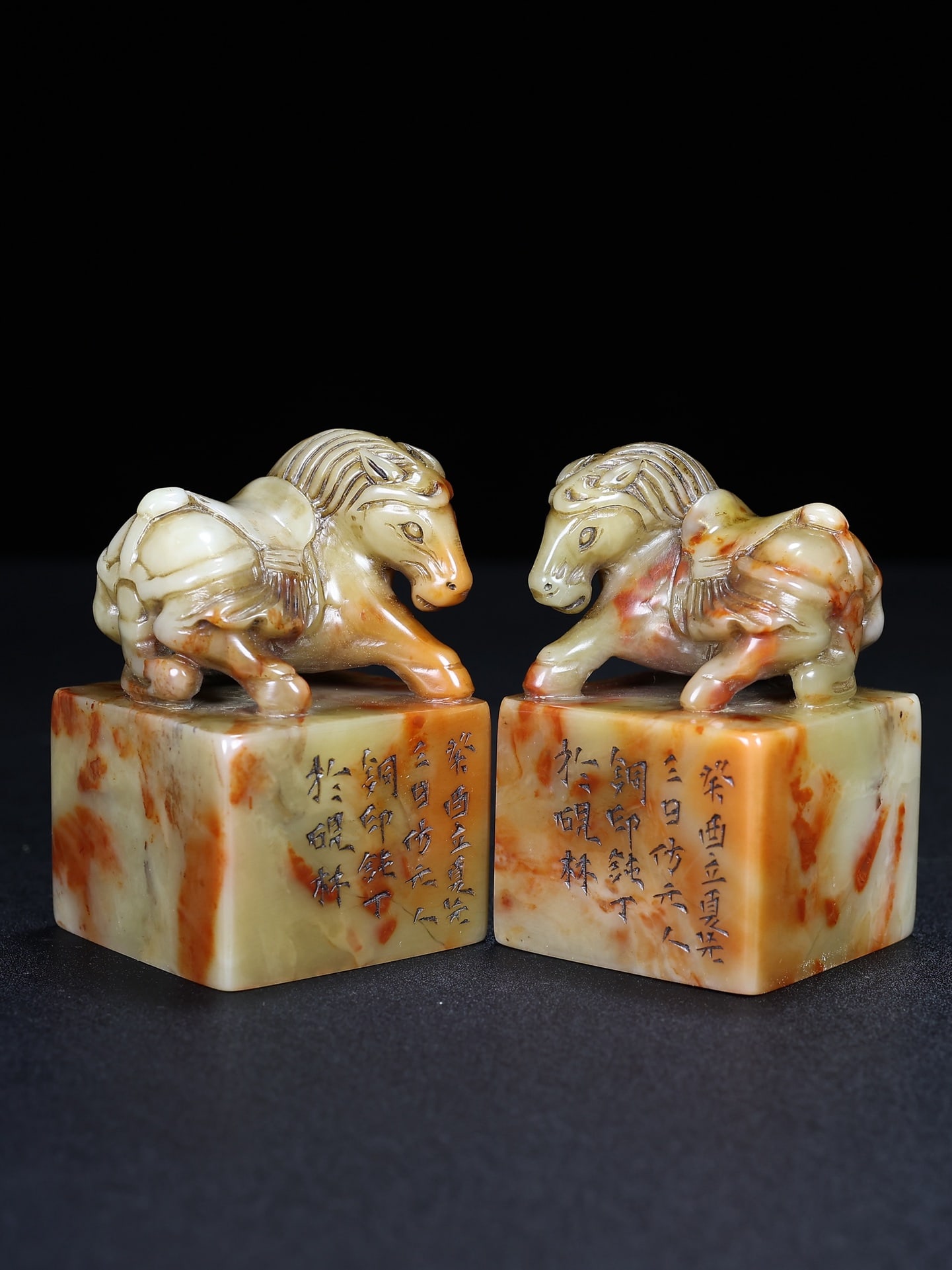 A Pair Chinese Shoushan Stone Horse Seal Statue - 2