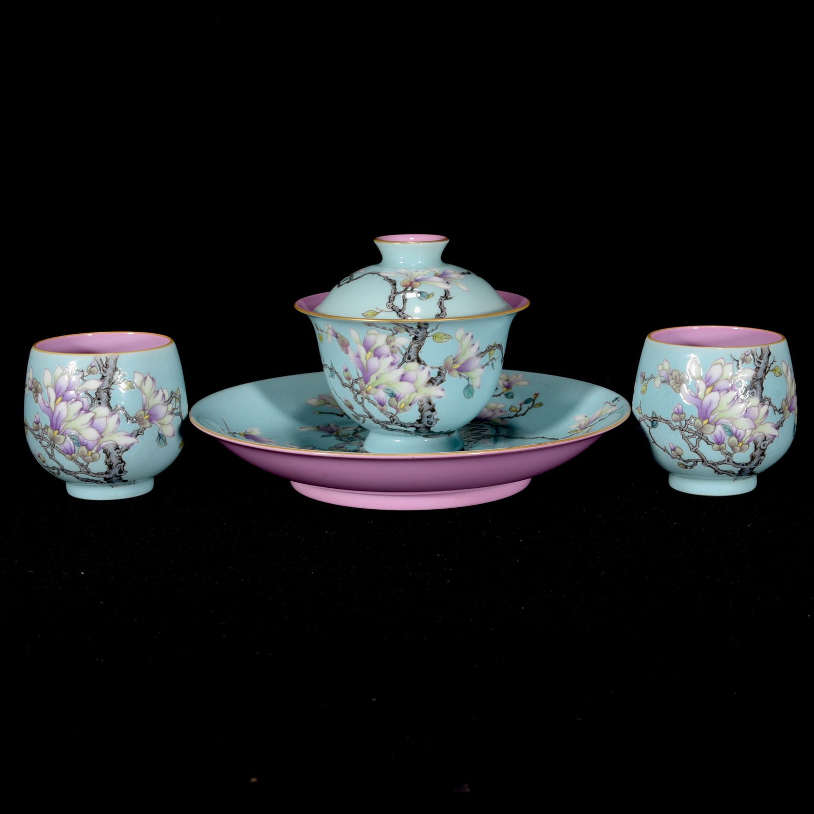 A Set Chinese Gilt Edge Famille Rose Orchid Design Porcelain Teabowl w Saucer & Cups (1 of 9)