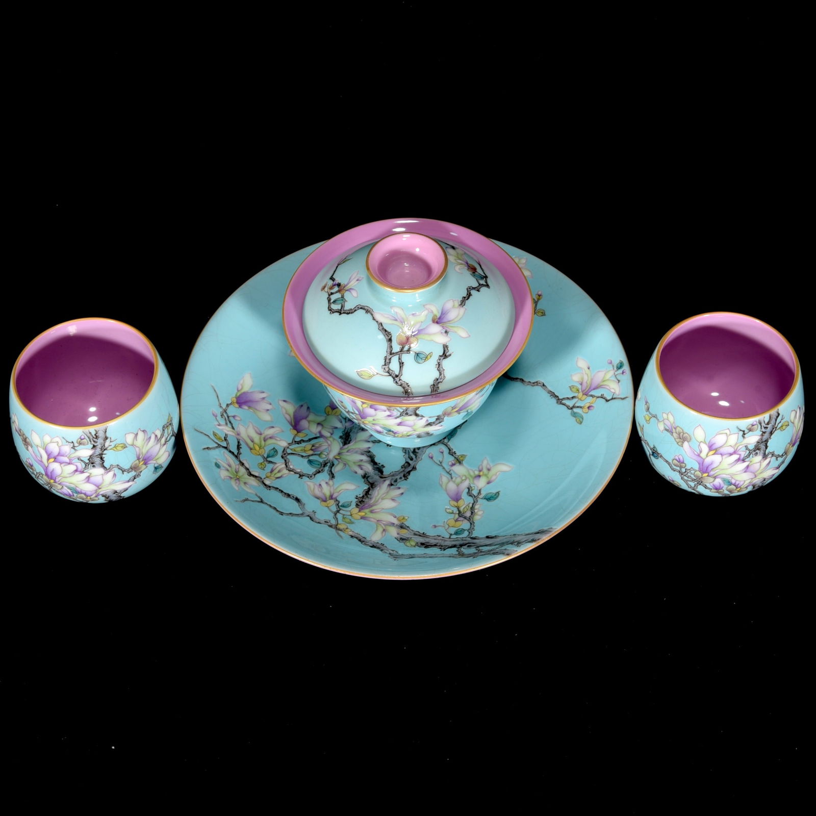 A Set Chinese Gilt Edge Famille Rose Orchid Design Porcelain Teabowl w Saucer & Cups - 2