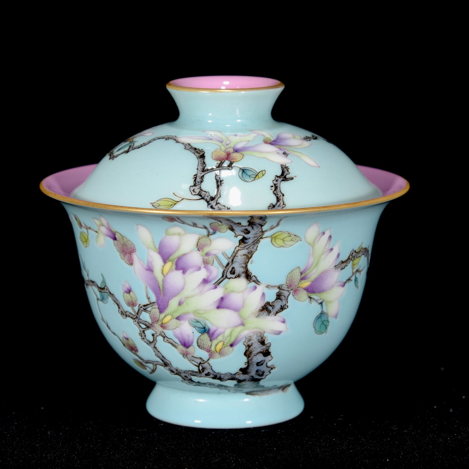 A Set Chinese Gilt Edge Famille Rose Orchid Design Porcelain Teabowl w Saucer & Cups - 5