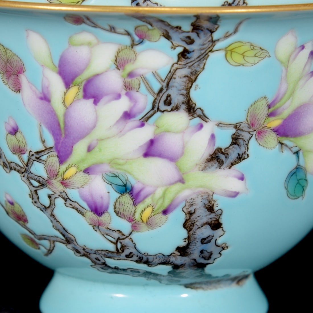 A Set Chinese Gilt Edge Famille Rose Orchid Design Porcelain Teabowl w Saucer & Cups - 6