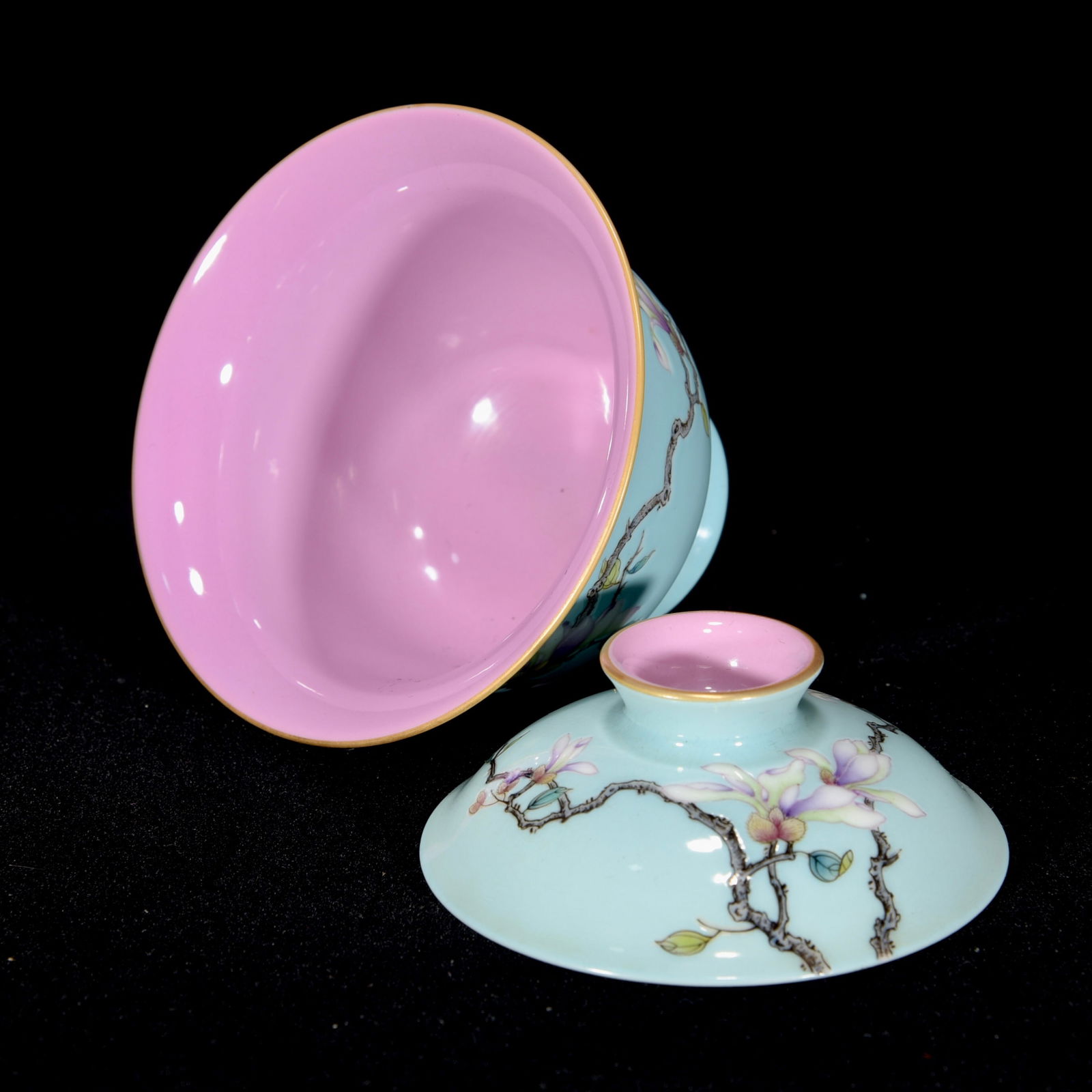 A Set Chinese Gilt Edge Famille Rose Orchid Design Porcelain Teabowl w Saucer & Cups - 7