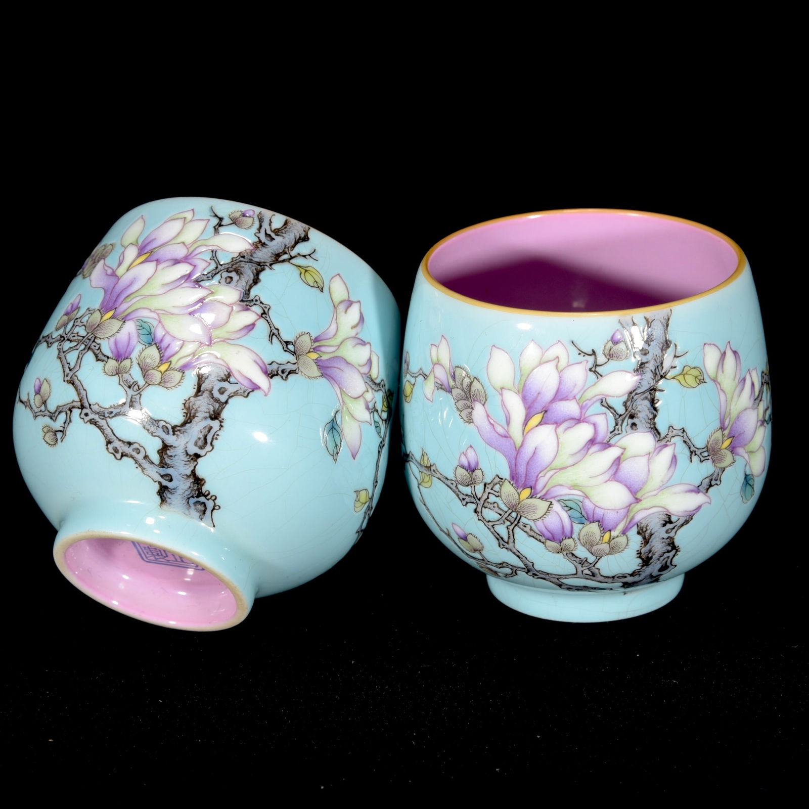 A Set Chinese Gilt Edge Famille Rose Orchid Design Porcelain Teabowl w Saucer & Cups - 8