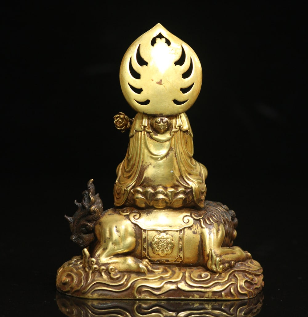 Old Tibetan Gilt Gold Copper Manjushri Bodhisattva Statue - 3