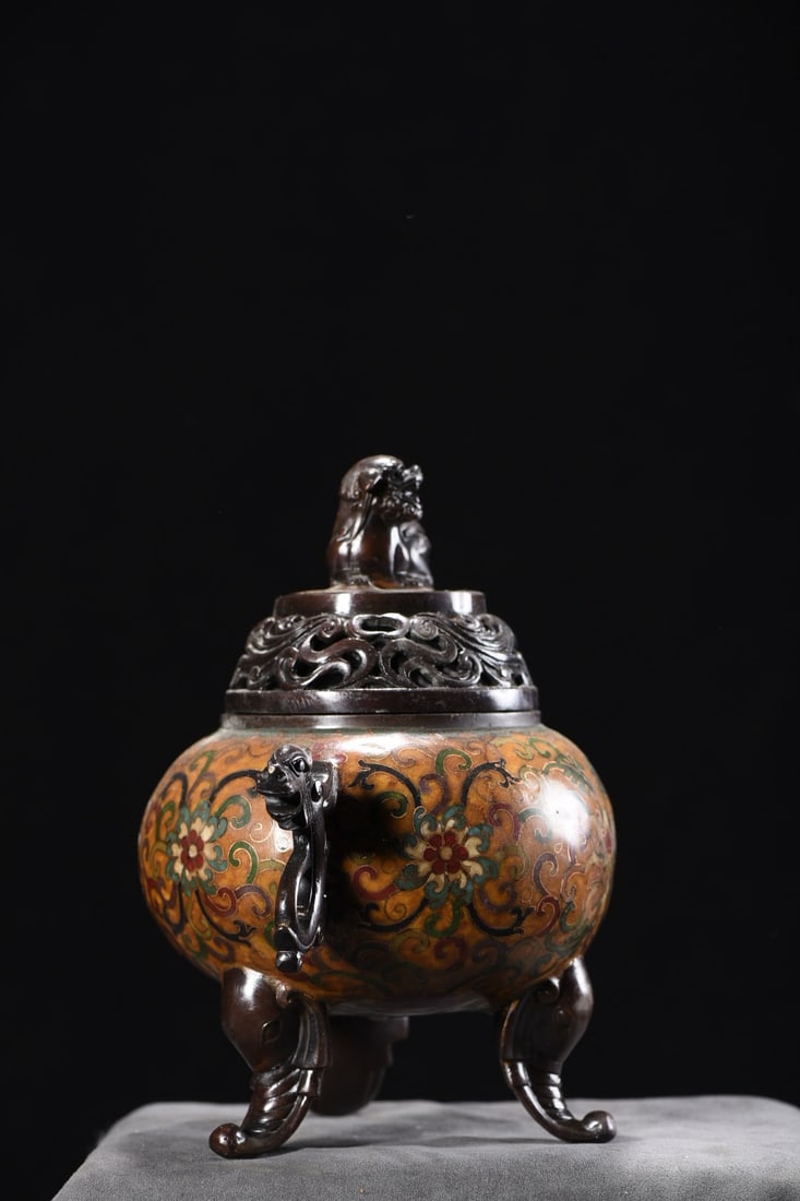 Old Chinese Bronze Cloisonne Incense Burner - 5