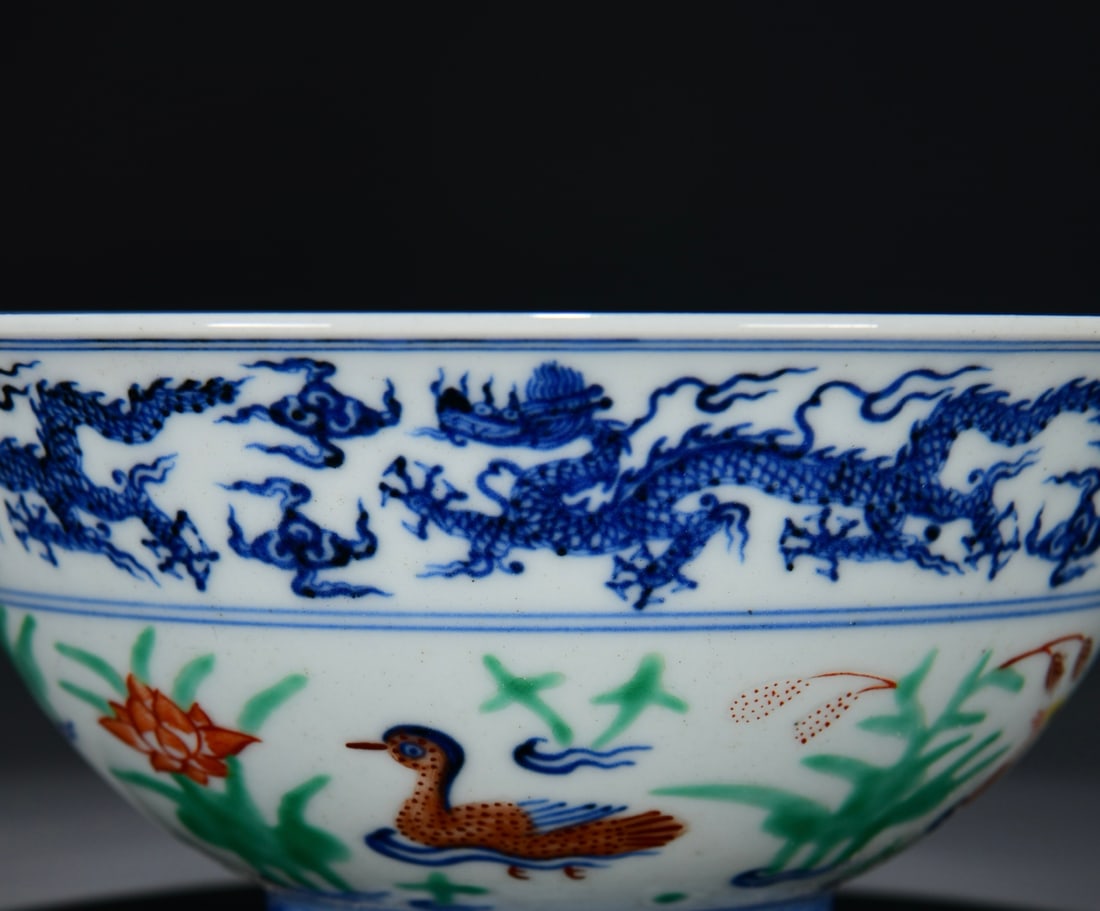 Chinese Wucai mandarin duck & Dragon Design Porcelain Bowl - 4