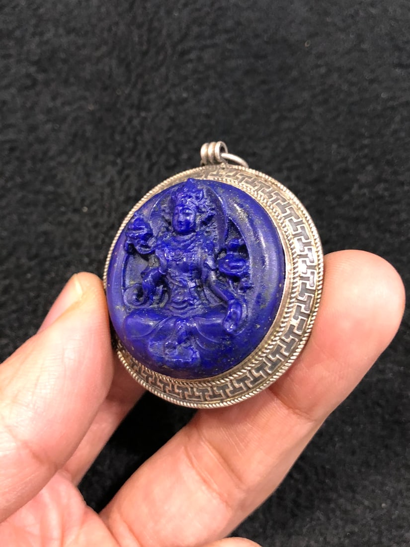 Chinese Pure Silver Inlay Lapis lazuli Kwan-yin Pendant - 3