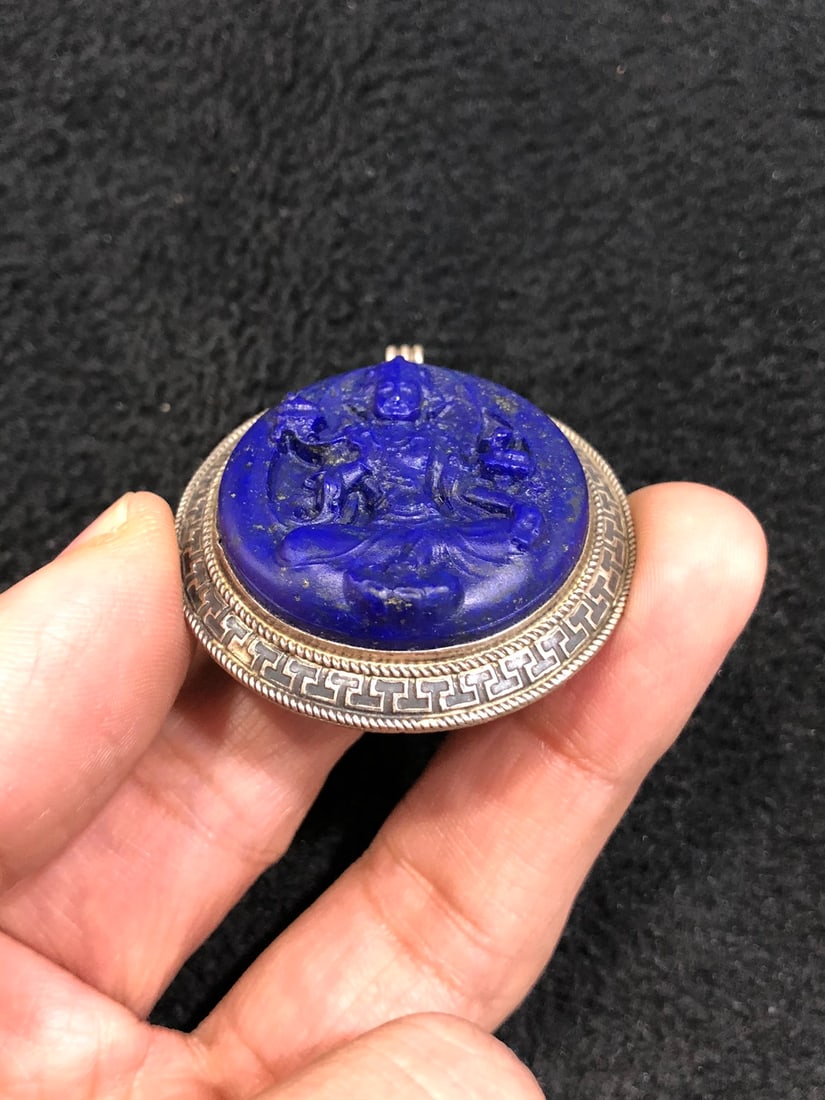 Chinese Pure Silver Inlay Lapis lazuli Kwan-yin Pendant - 4