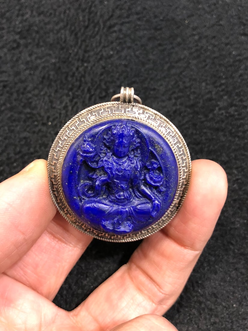 Chinese Pure Silver Inlay Lapis lazuli Kwan-yin Pendant - 5