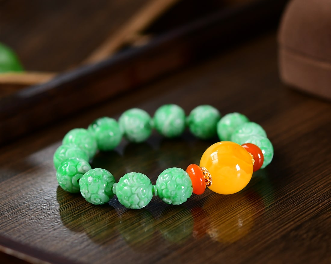 Chinese Green Jadeite Beads & Yellow Beeswax Hand Chain - 2