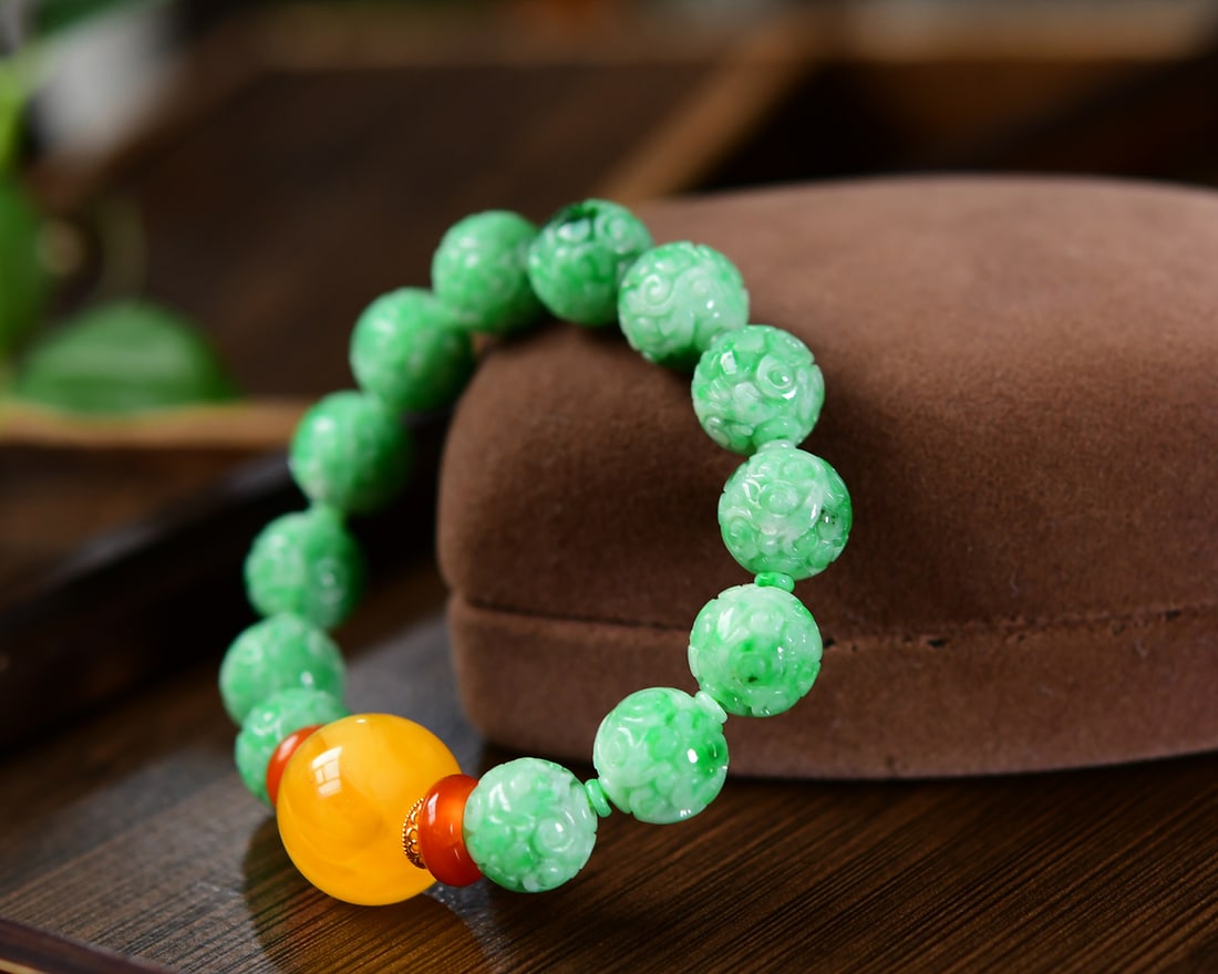 Chinese Green Jadeite Beads & Yellow Beeswax Hand Chain - 3