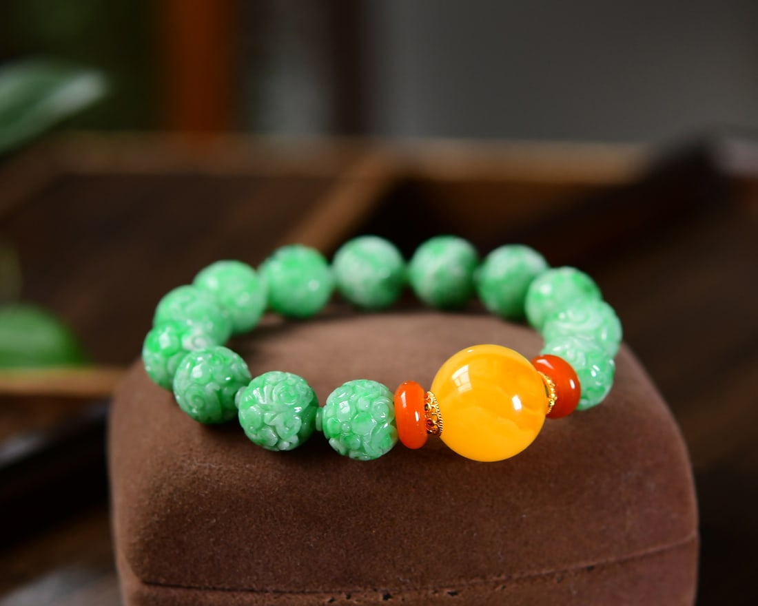 Chinese Green Jadeite Beads & Yellow Beeswax Hand Chain - 4