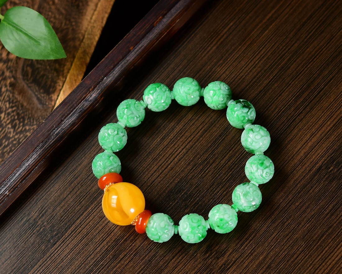 Chinese Green Jadeite Beads & Yellow Beeswax Hand Chain - 5