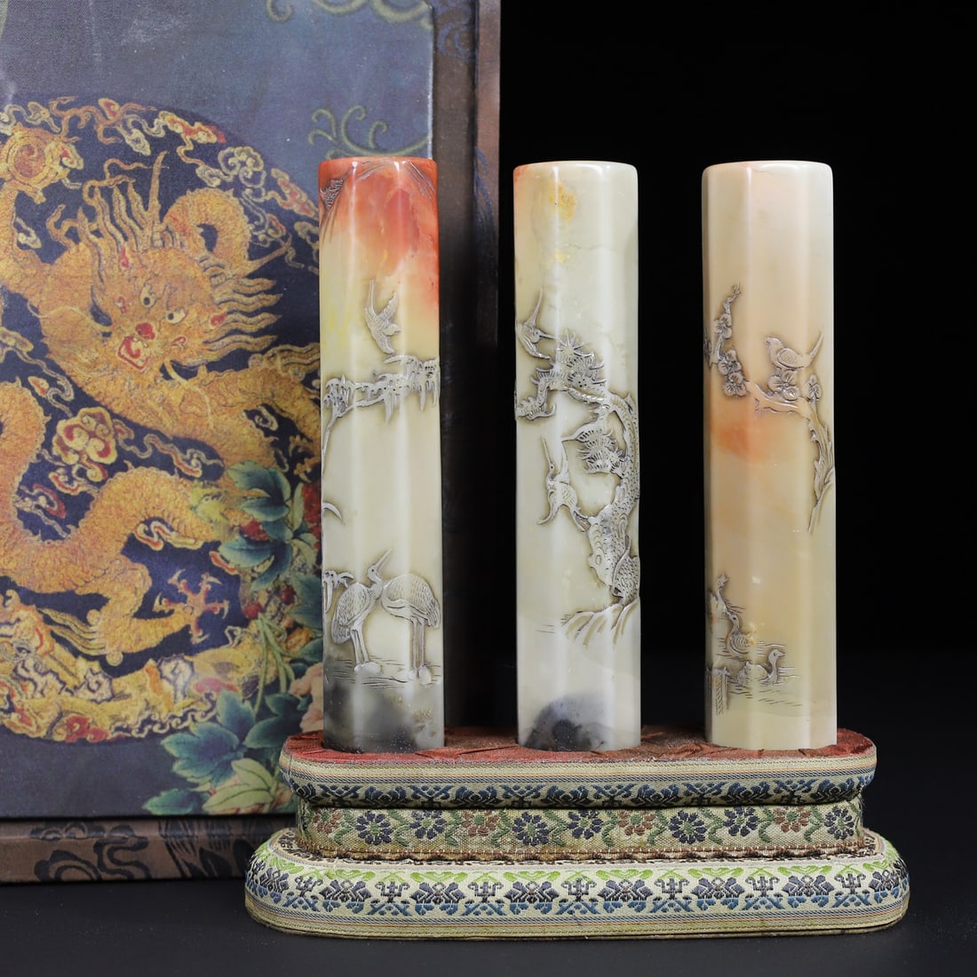 A Set Three Chinese Shoushan Stone pine tree & crane Seal Statue - 10