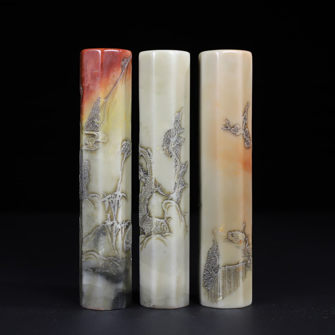 A Set Three Chinese Shoushan Stone pine tree & crane Seal Statue - 3