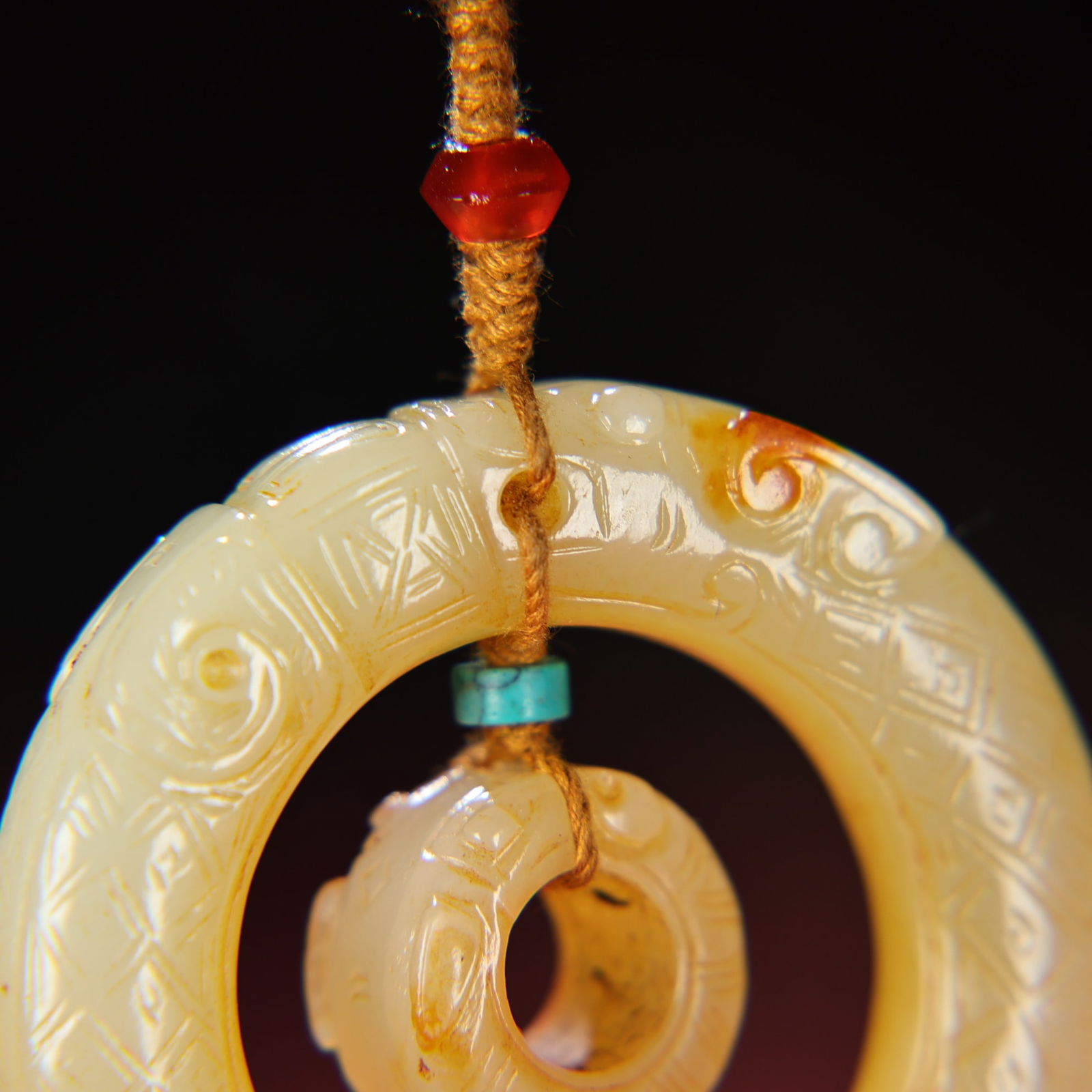 Old Chinese Hetian Jade Carved Fortune Dragon Ring Pendant - 7